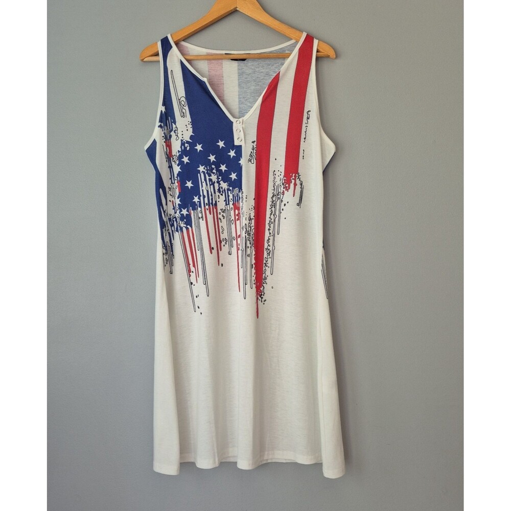 ChicMe Red White Blue Flag Print Henley Midi Tank Dress Cover Up Womens Large